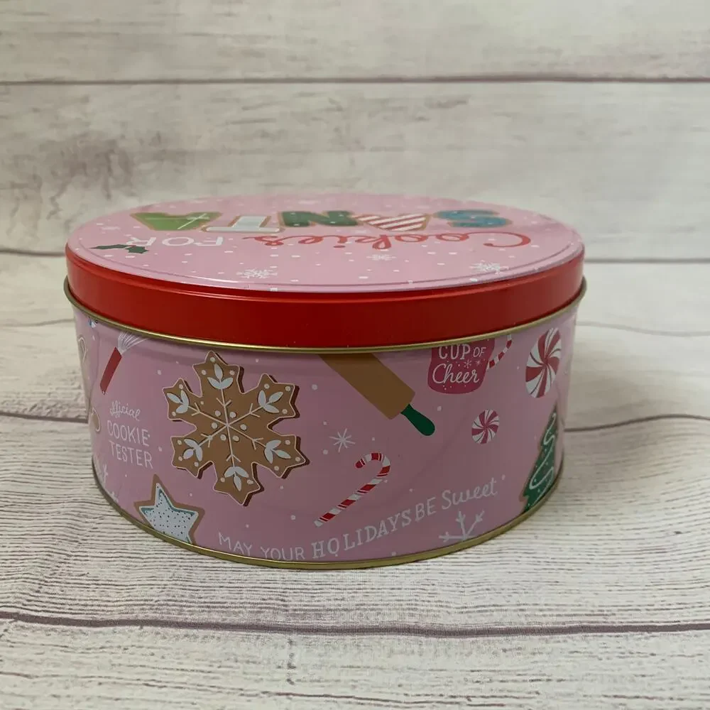 Vintage Pink Christmas Cookies for Santa Tin Empty Metal Storage Box Snowflakes